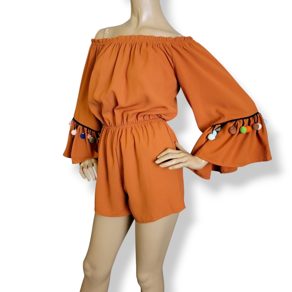 Orange Pom Pom Trim Off Shoulder Wide Sleeve Romper Size Small- Hot & Delicious